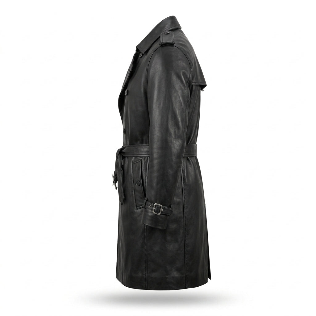 Men's Black Leather Trench Coat, Knee Length