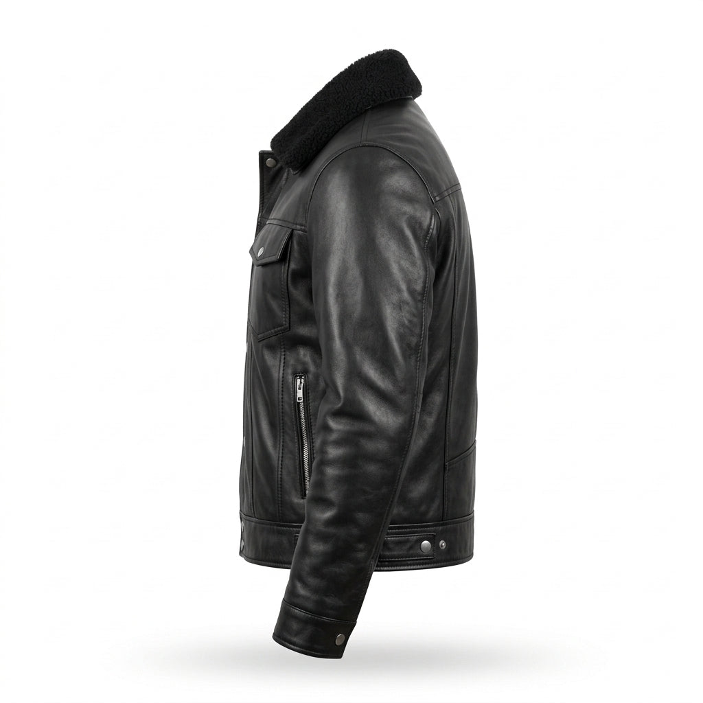 Men's Black Leather Trucker Jacket with Detachable Shearling Collar