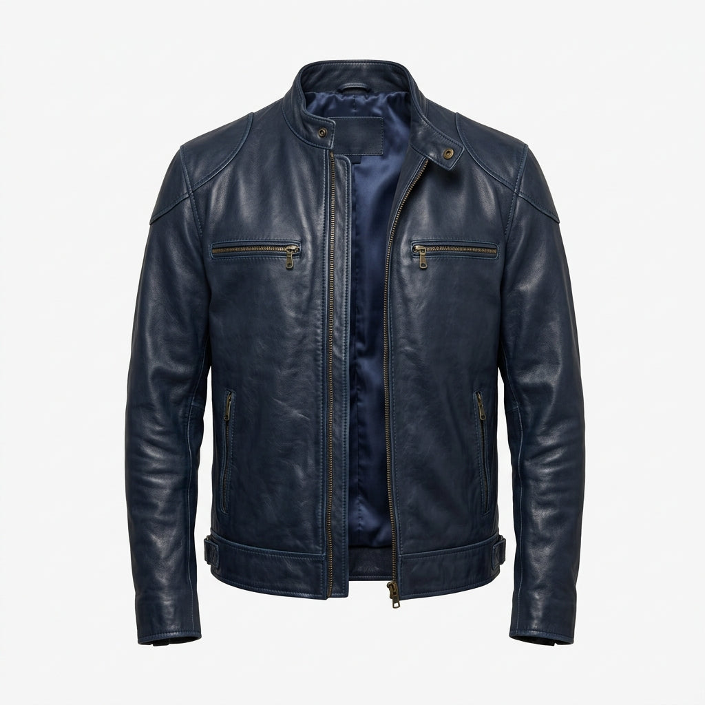 Men's Navy Blue Sheepskin Leather Biker Jacket – Vintage Waxed Cafe Racer with Band Collar