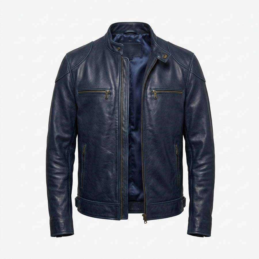 Men's Navy Blue Sheepskin Leather Biker Jacket – Vintage Waxed Cafe Racer with Band Collar
