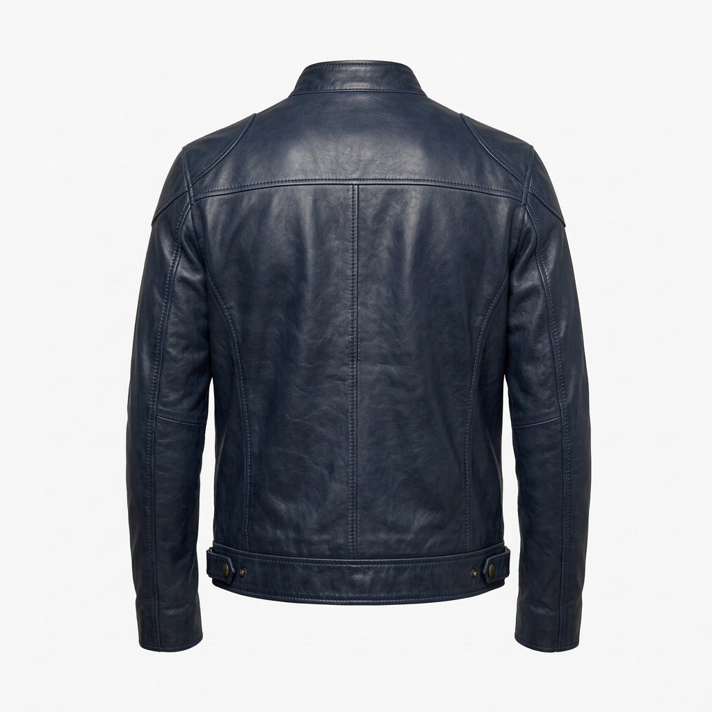 Men's Navy Blue Sheepskin Leather Biker Jacket – Vintage Waxed Cafe Racer with Band Collar
