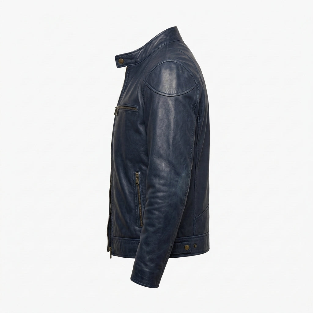 Men's Navy Blue Sheepskin Leather Biker Jacket – Vintage Waxed Cafe Racer with Band Collar