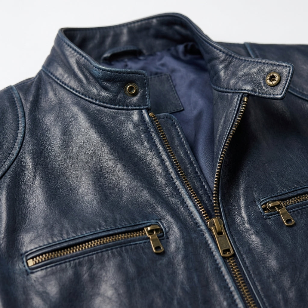 Men's Navy Blue Sheepskin Leather Biker Jacket – Vintage Waxed Cafe Racer with Band Collar