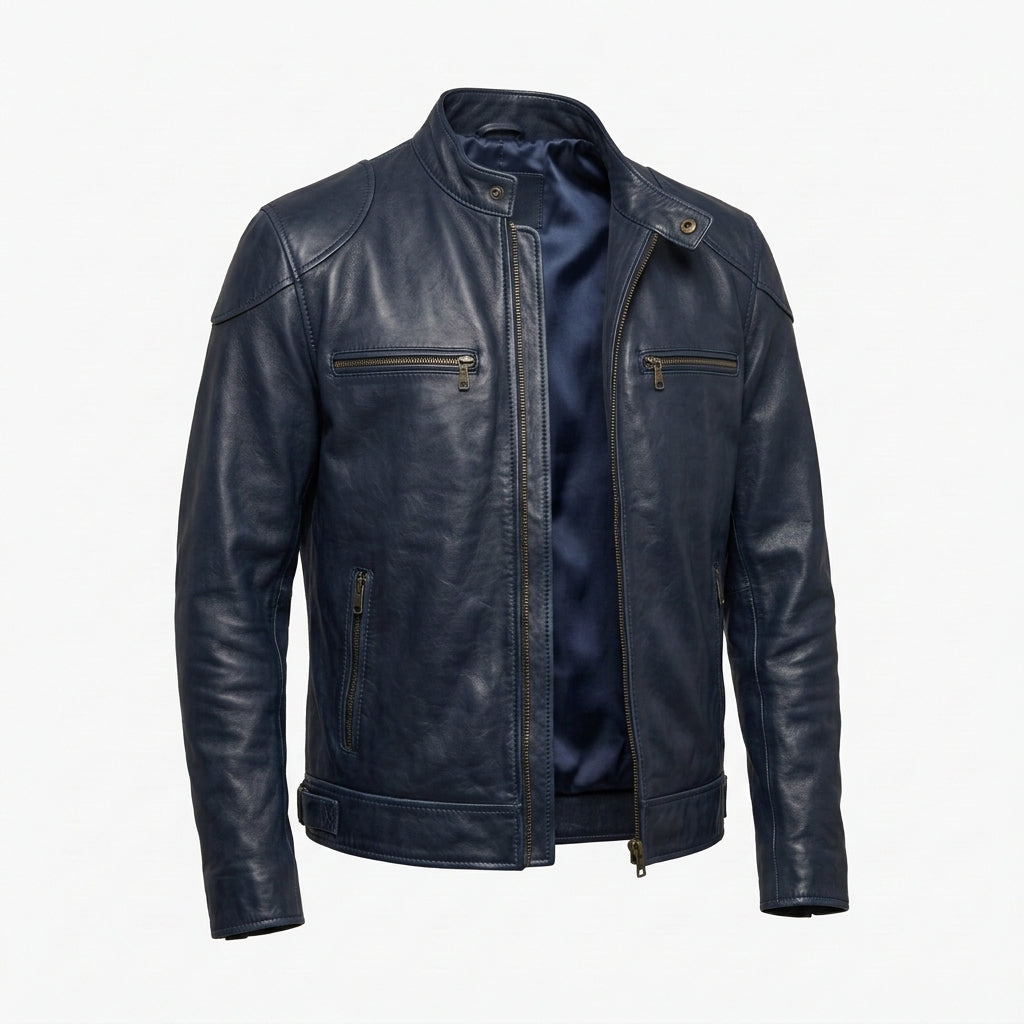 Men's Navy Blue Sheepskin Leather Biker Jacket – Vintage Waxed Cafe Racer with Band Collar