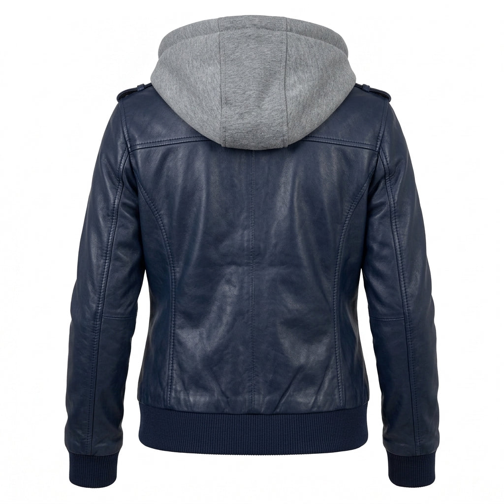 Women's Navy Blue Sheepskin Leather Bomber Jacket – Hooded Winter Coat with Removable Hood