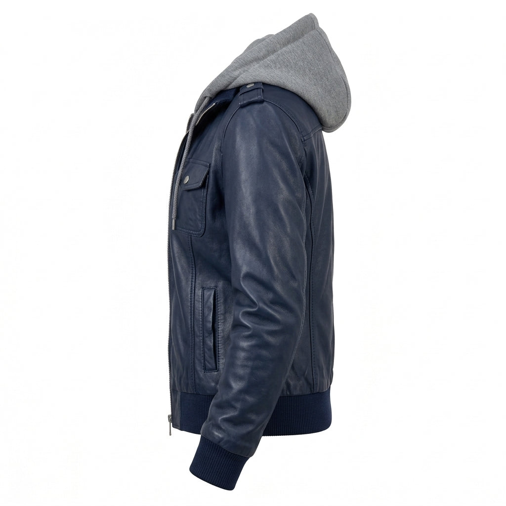 Women's Navy Blue Sheepskin Leather Bomber Jacket – Hooded Winter Coat with Removable Hood