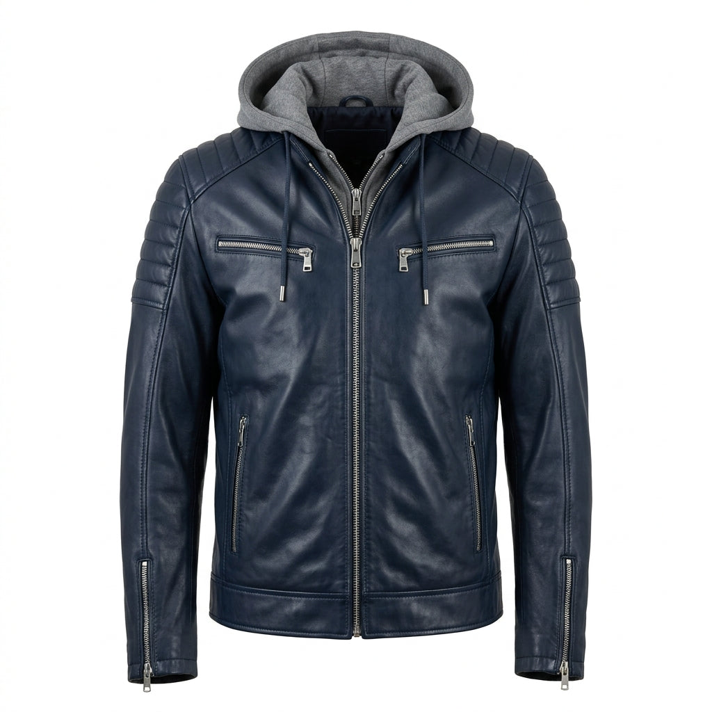 Men's Navy Blue Sheepskin Leather Biker Jacket – Removable Grey Hood, Quilted Shoulders & Silver Zippers