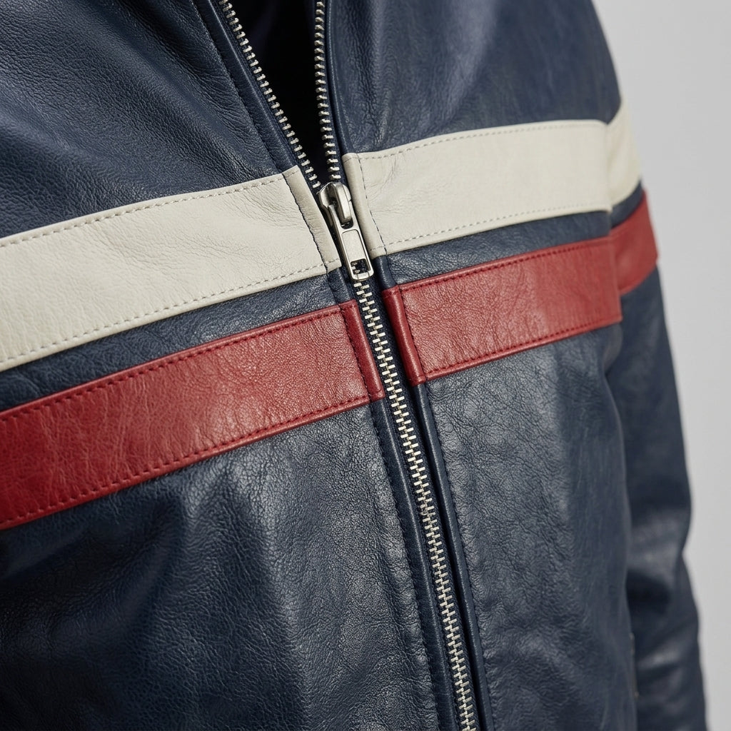 Men's Navy Retro Stripe Leather Jacket