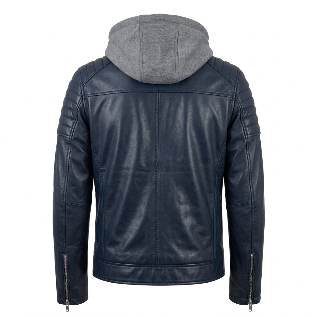 Men's Navy Blue Sheepskin Leather Biker Jacket – Removable Grey Hood, Quilted Shoulders & Silver Zippers