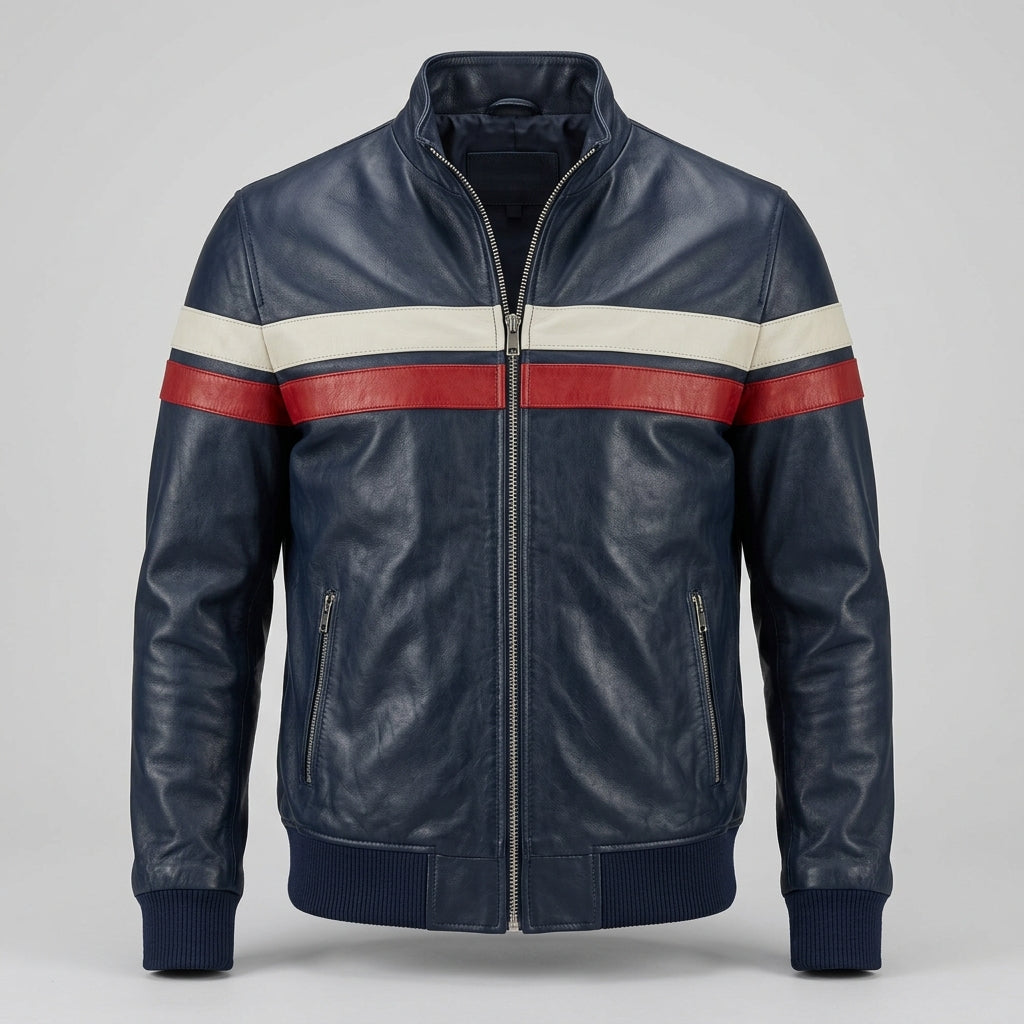 Men's Navy Retro Stripe Leather Jacket