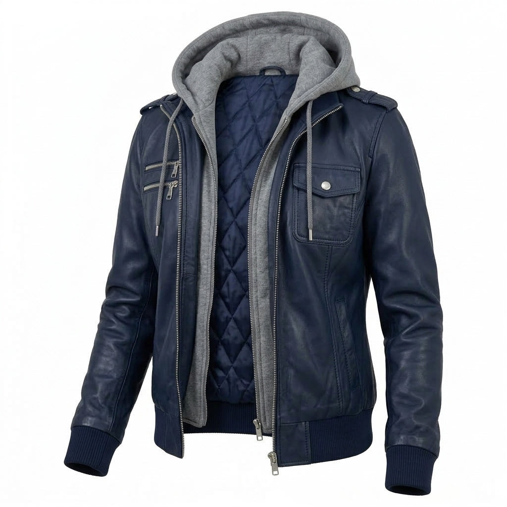 Women's Navy Blue Sheepskin Leather Bomber Jacket – Hooded Winter Coat with Removable Hood