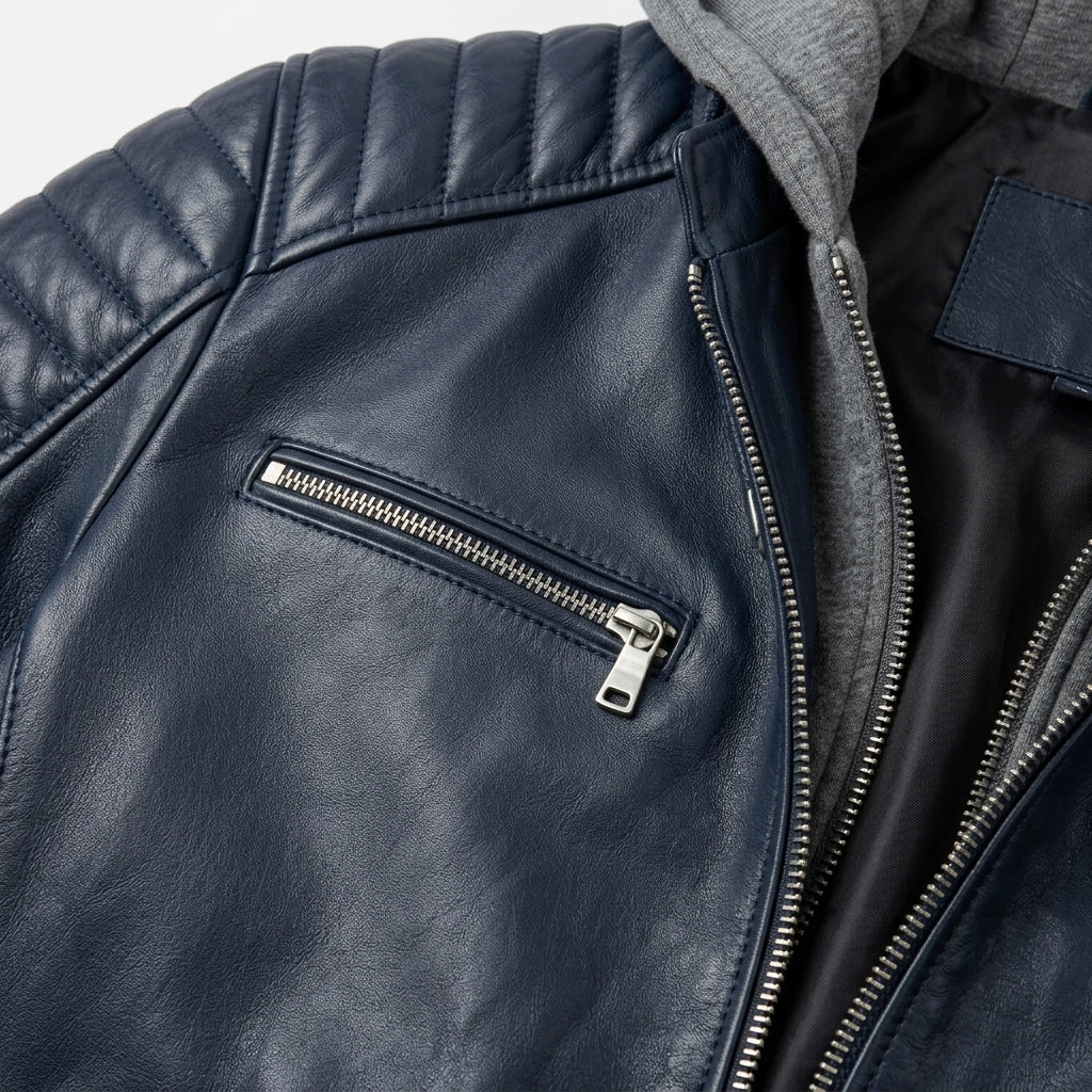 Men's Navy Blue Sheepskin Leather Biker Jacket – Removable Grey Hood, Quilted Shoulders & Silver Zippers