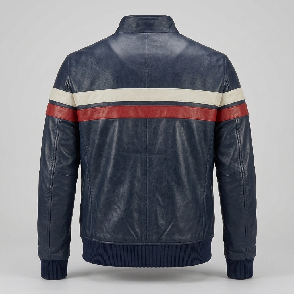 Men's Navy Retro Stripe Leather Jacket