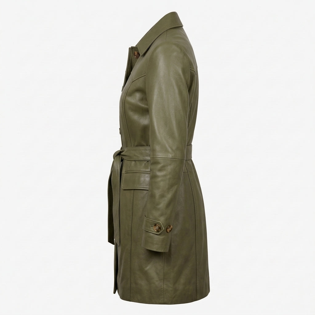 Women's Olive Green Sheepskin Leather Coat – Mid-Length Belted Car Coat with Collar & Buttons