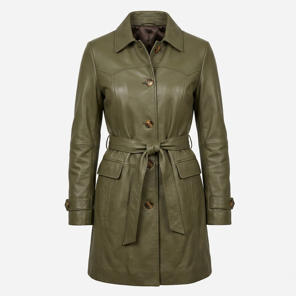 Women's Olive Green Sheepskin Leather Coat – Mid-Length Belted Car Coat with Collar & Buttons