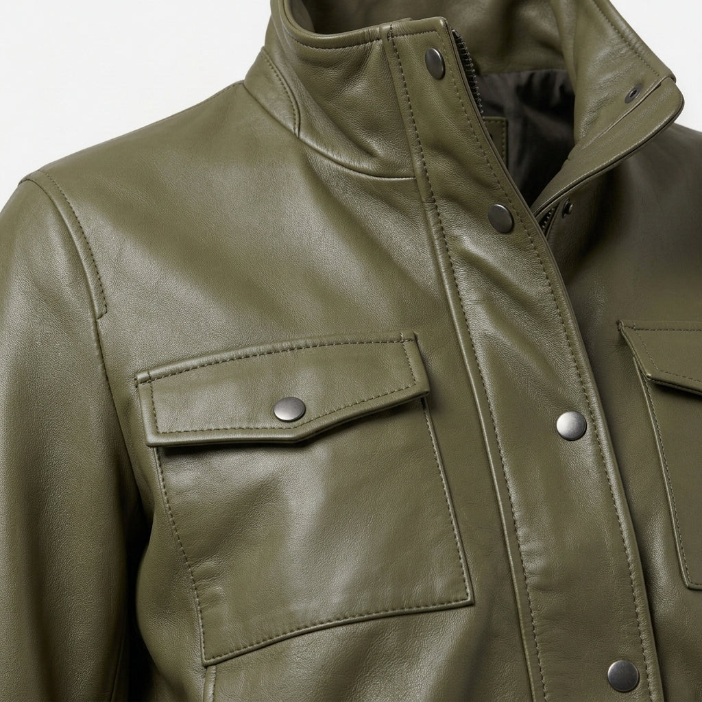 Women's Olive Green Cropped Leather Utility Jacket