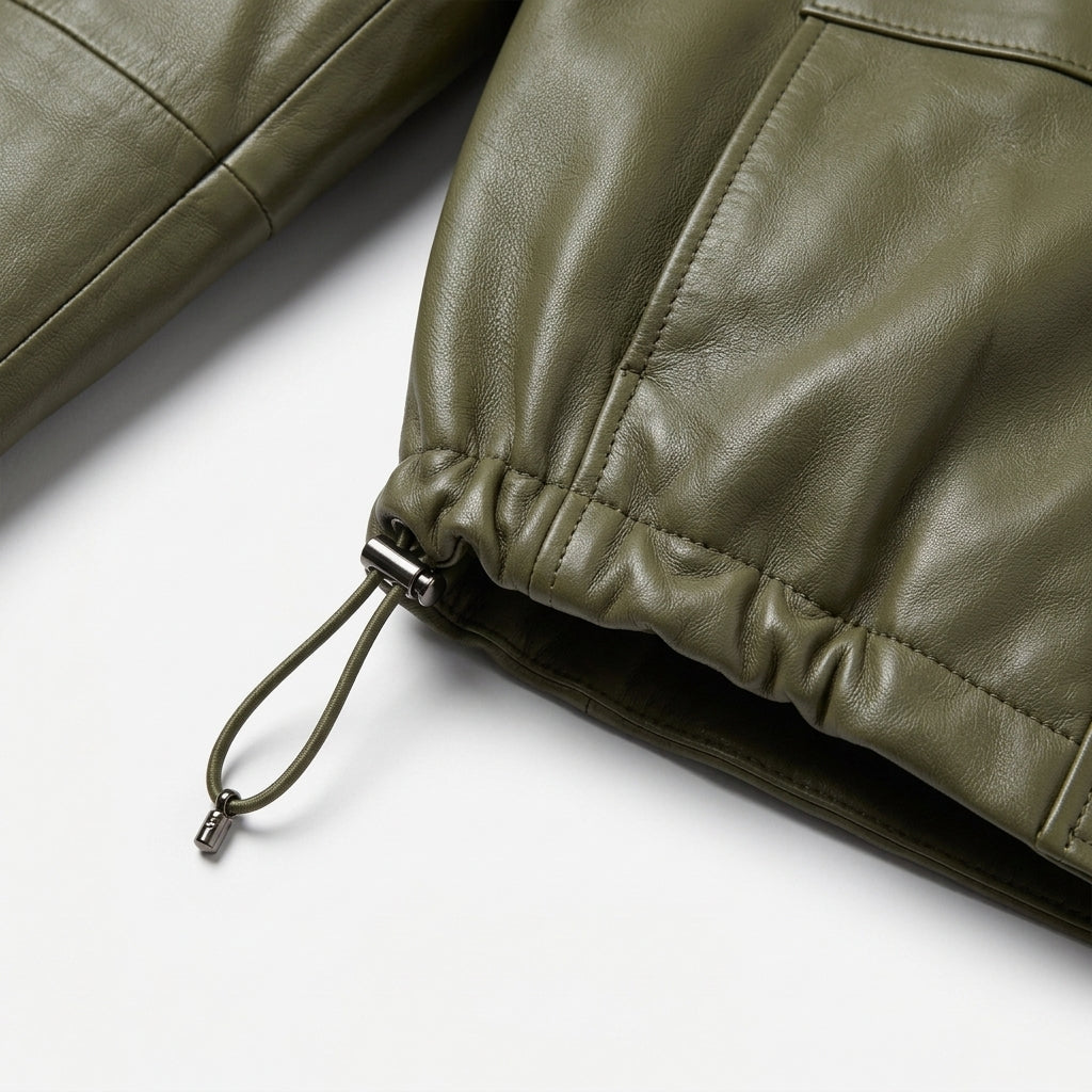 Women's Olive Green Cropped Leather Utility Jacket