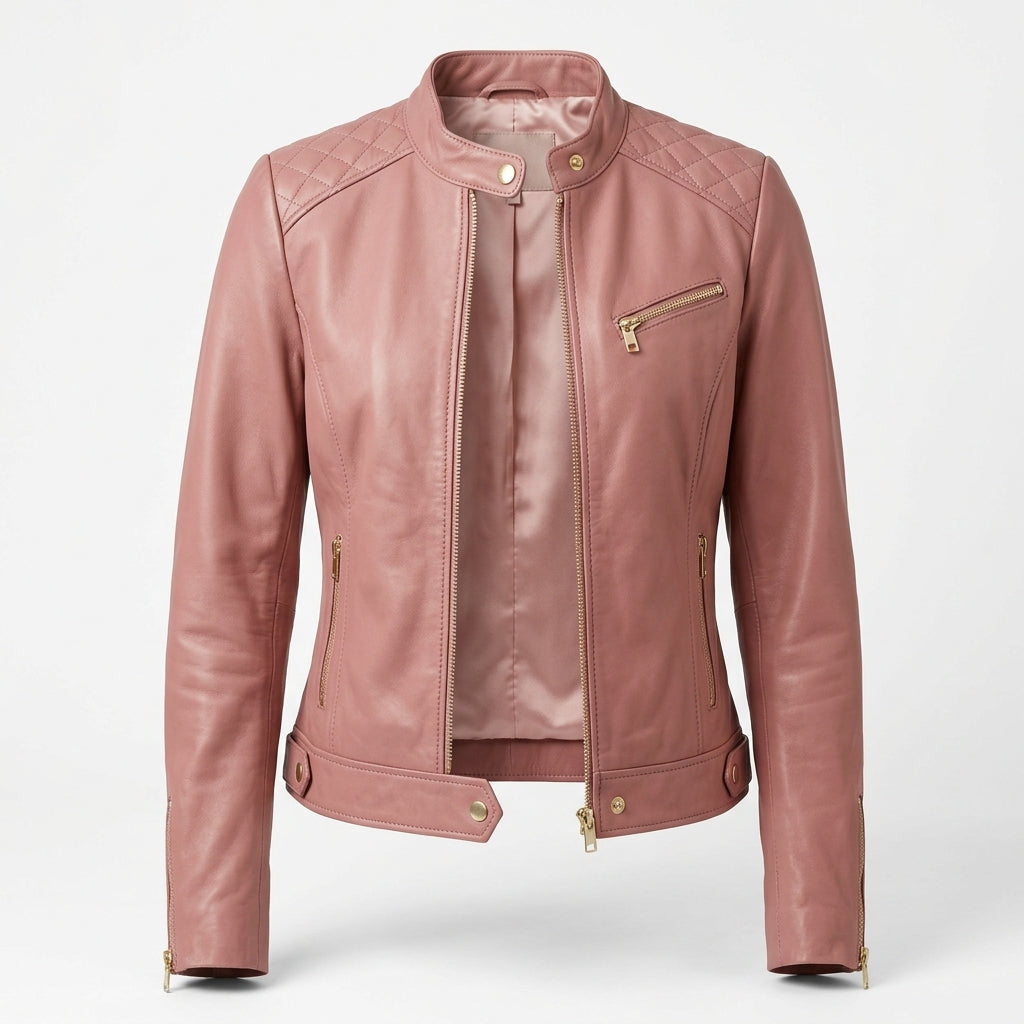 Women's Dusty Rose Sheepskin Leather Cafe Racer Jacket – Quilted Shoulders & Gold Zippers