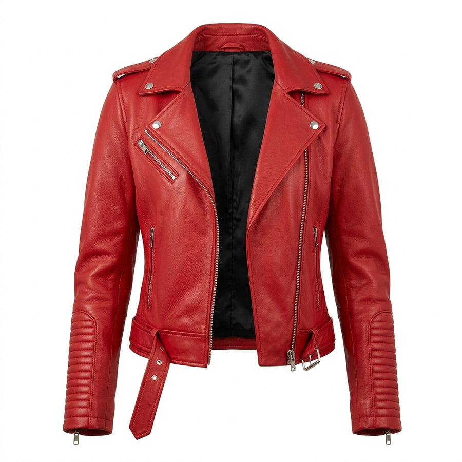 Women's Red Sheepskin Leather Biker Jacket – Asymmetric Moto Jacket with Belt and Silver Zippers