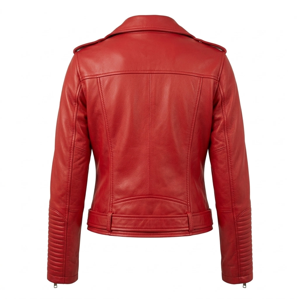 Women's Red Sheepskin Leather Biker Jacket – Asymmetric Moto Jacket with Belt and Silver Zippers