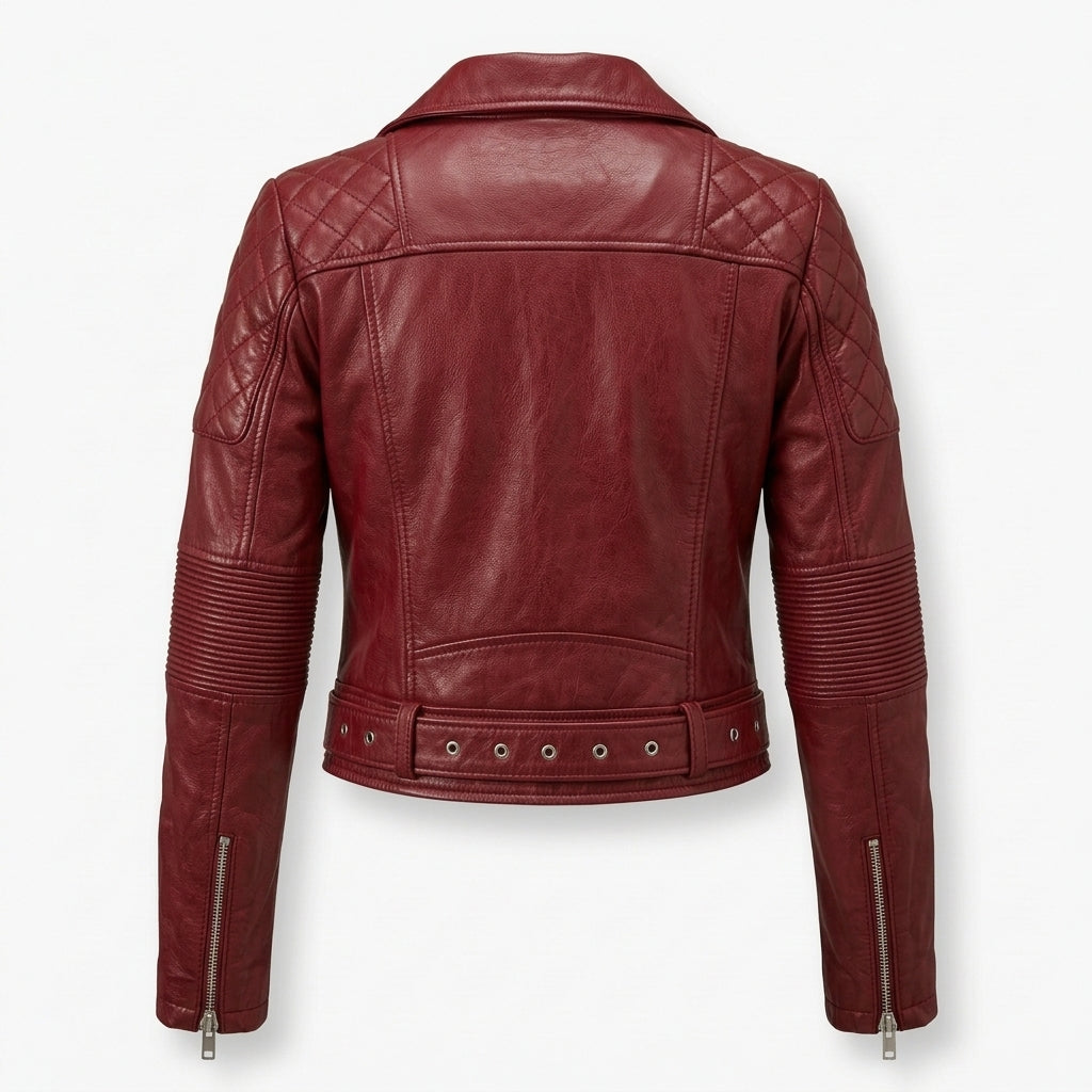Women's Red Cropped Belted Leather Biker Jacket