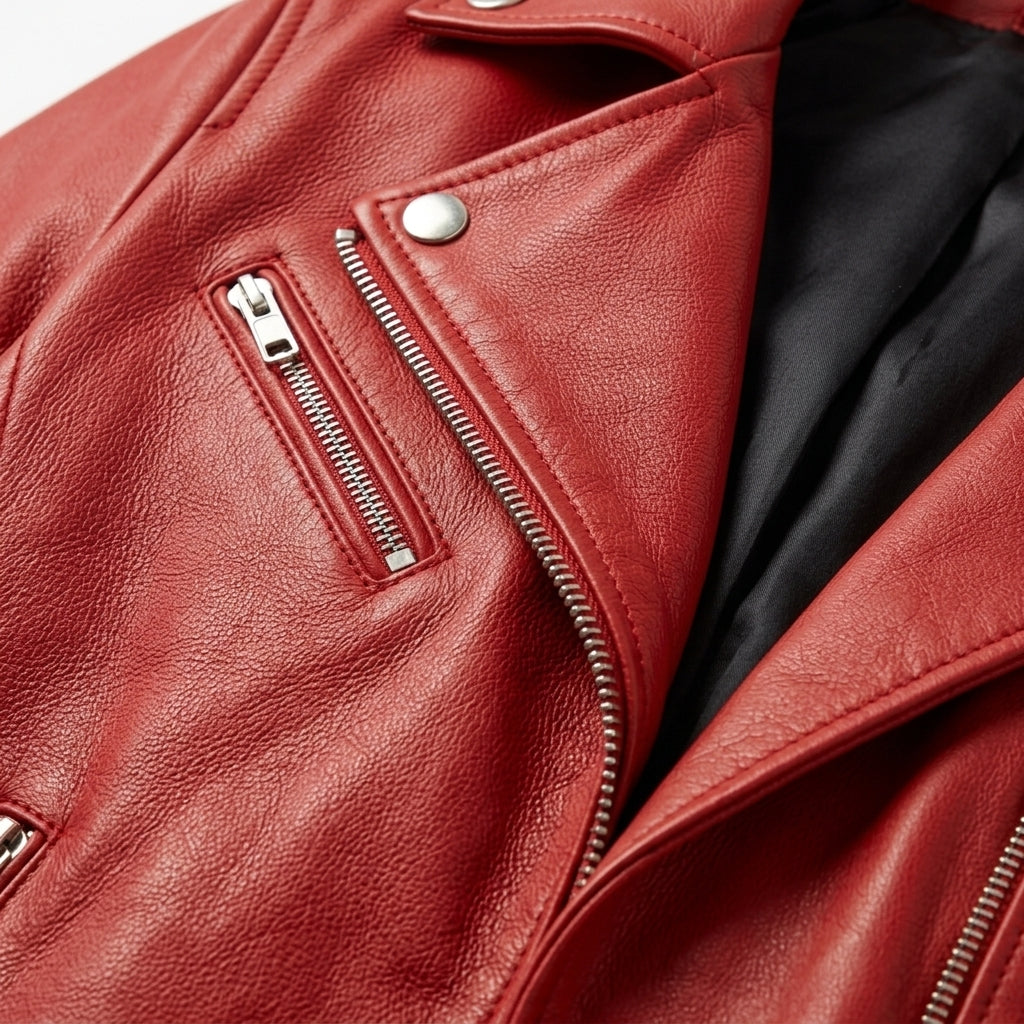 Women's Red Sheepskin Leather Biker Jacket – Asymmetric Moto Jacket with Belt and Silver Zippers