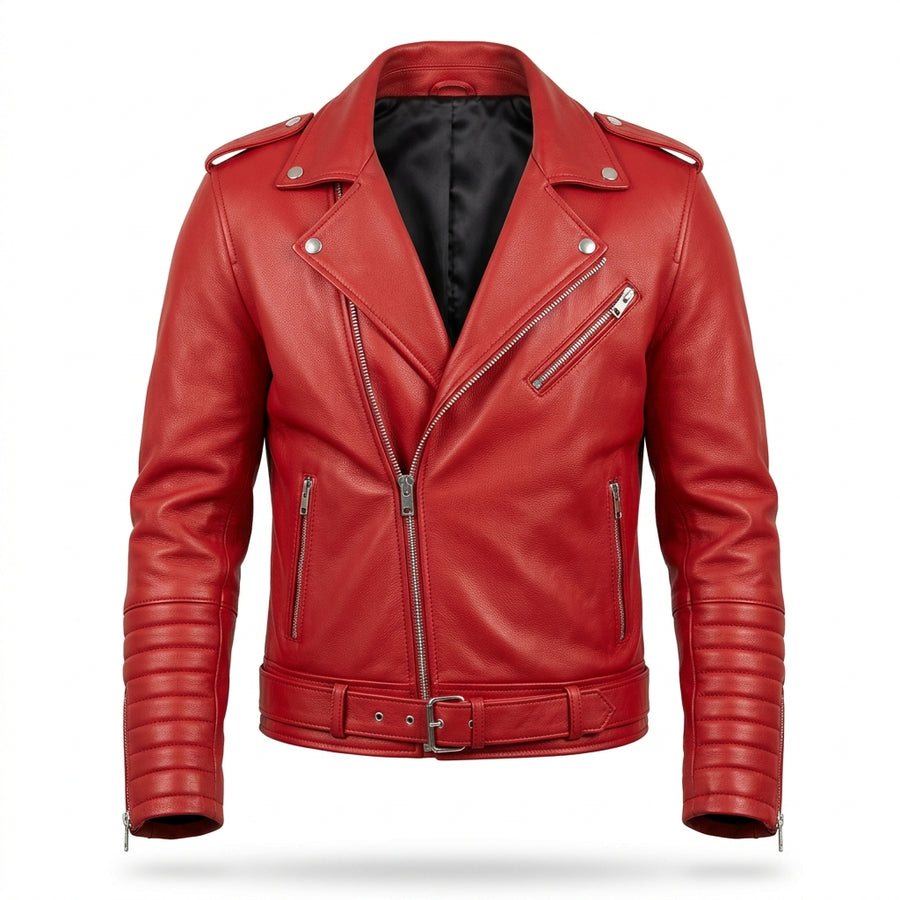 Men's Red Sheepskin Leather Biker Jacket – Asymmetric Motorcycle Moto Coat with Belt