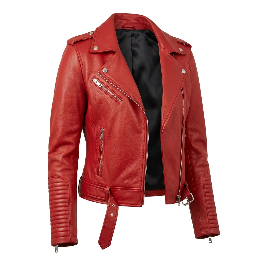 Women's Red Sheepskin Leather Biker Jacket – Asymmetric Moto Jacket with Belt and Silver Zippers