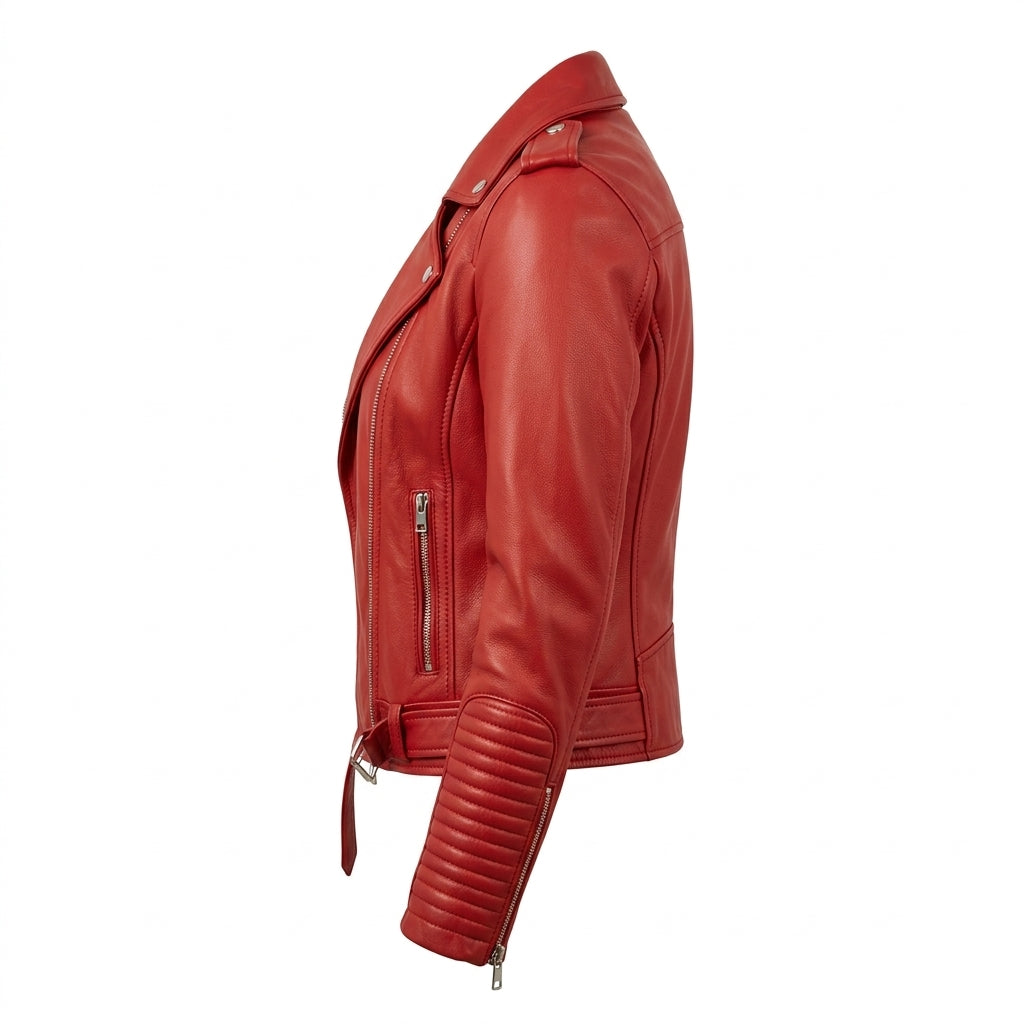 Women's Red Sheepskin Leather Biker Jacket – Asymmetric Moto Jacket with Belt and Silver Zippers