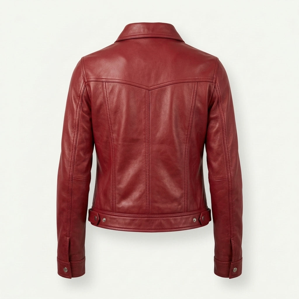 Women's Red Sheepskin Leather Trucker Jacket – Cropped Western Coat with Snap-Front Closure