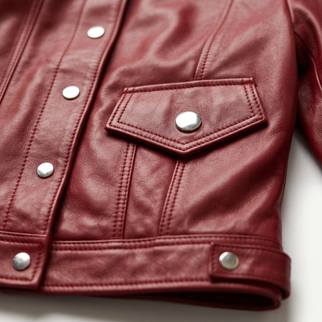Women's Red Sheepskin Leather Trucker Jacket – Cropped Western Coat with Snap-Front Closure
