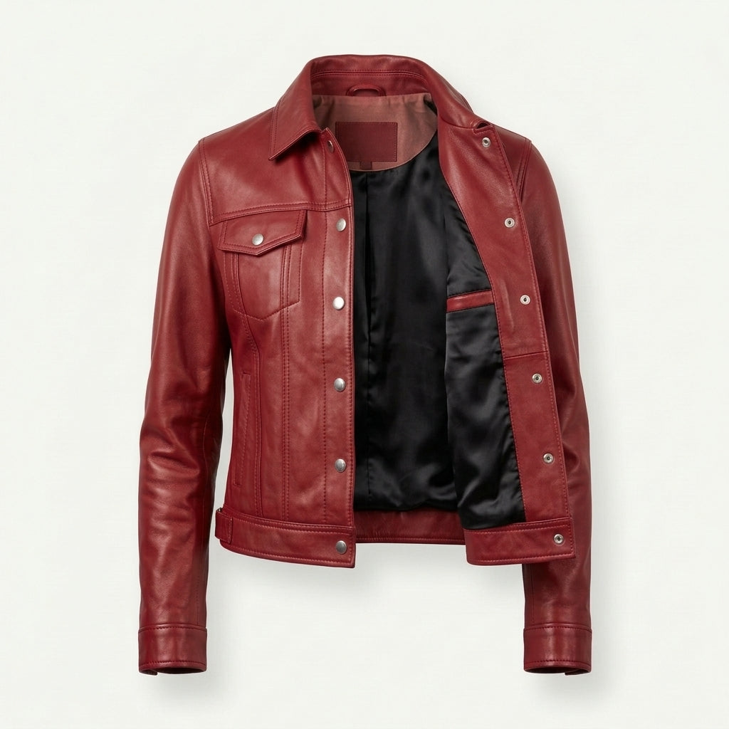 Women's Red Sheepskin Leather Trucker Jacket – Cropped Western Coat with Snap-Front Closure