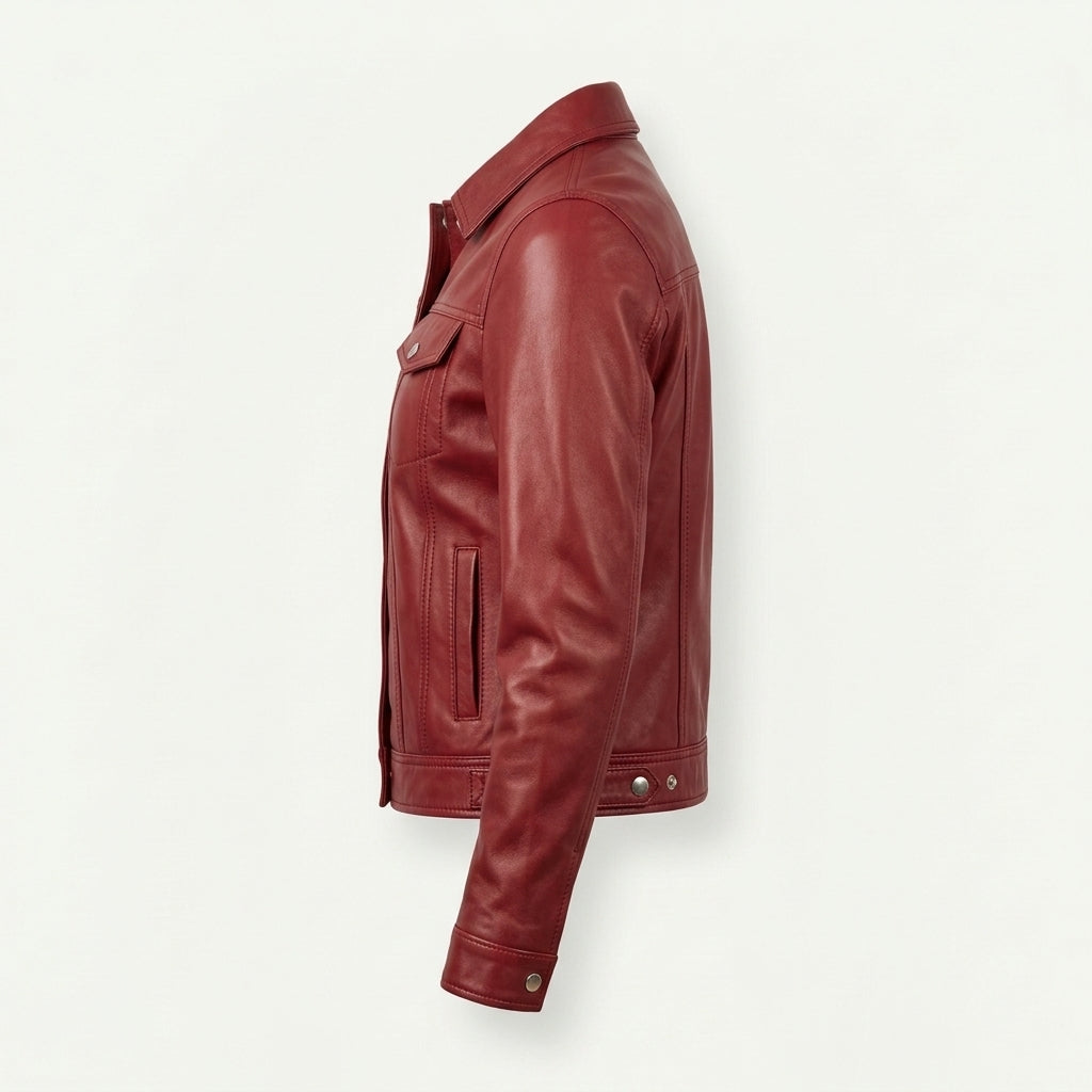 Women's Red Sheepskin Leather Trucker Jacket – Cropped Western Coat with Snap-Front Closure