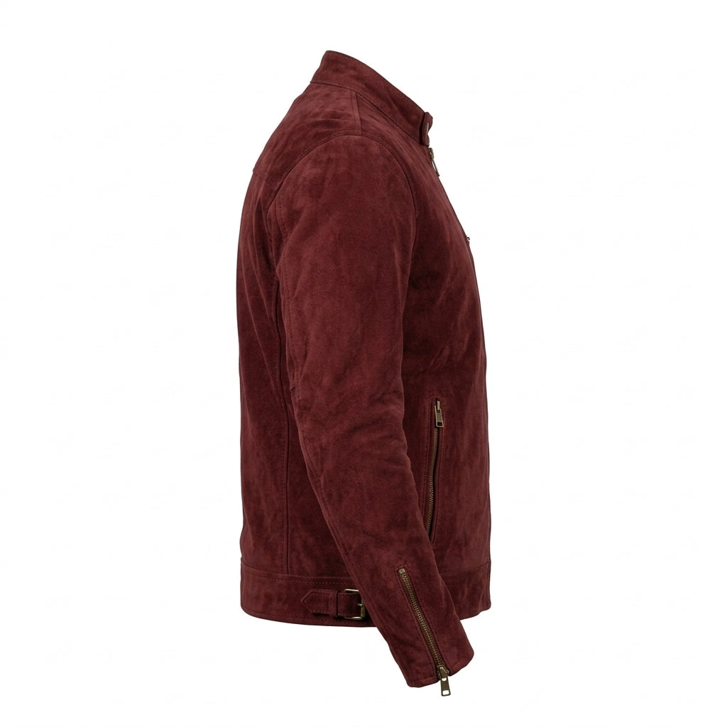 Men's Red Suede Leather Cafe Racer Jacket