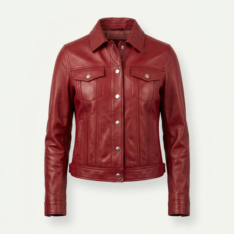 Women's Red Sheepskin Leather Trucker Jacket – Cropped Western Coat with Snap-Front Closure
