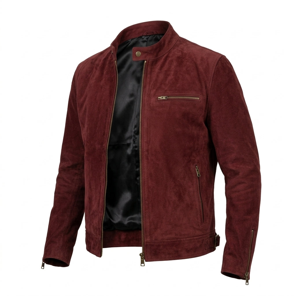 Men's Red Suede Leather Cafe Racer Jacket