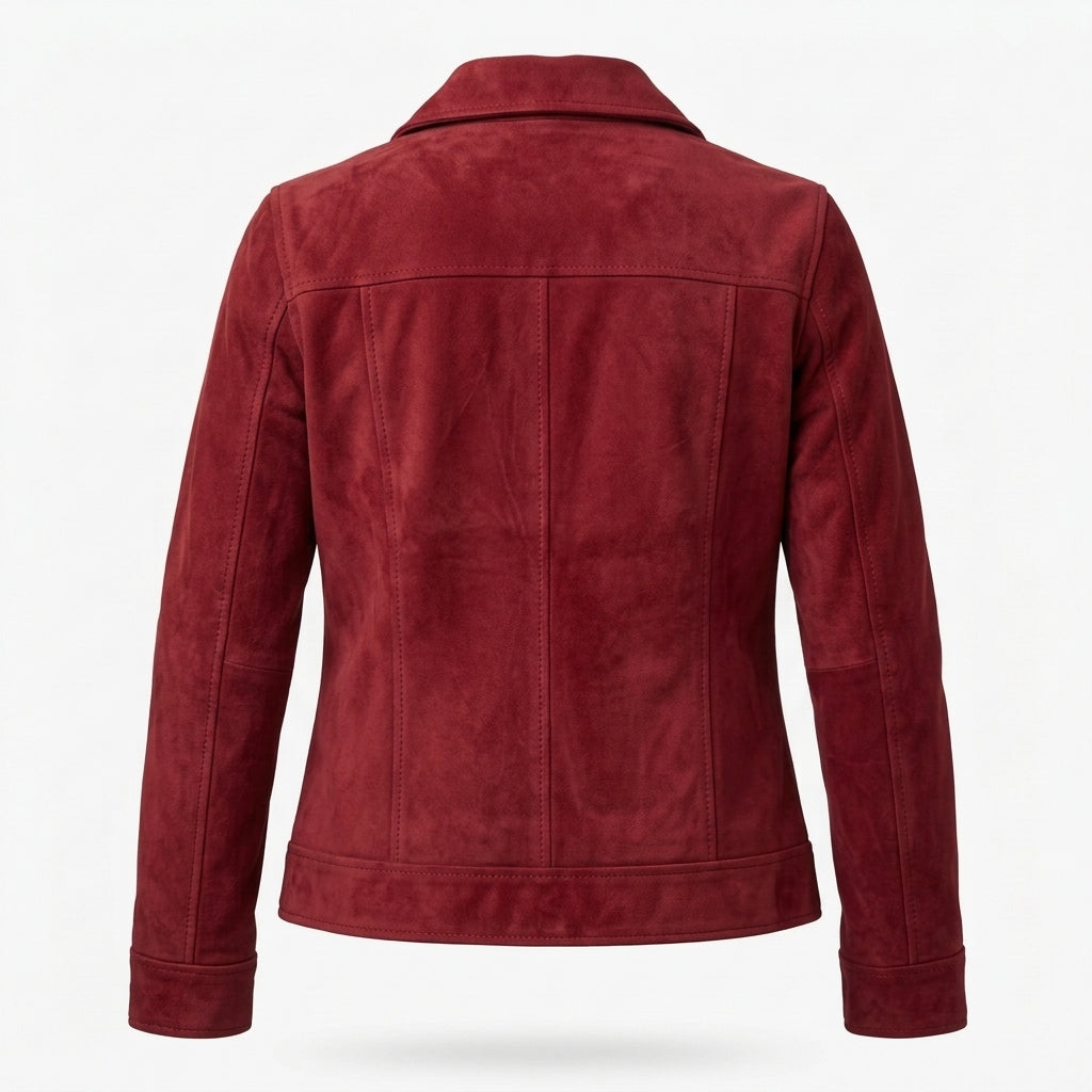 Women's Red Suede Sheepskin Jacket – Zip-Up Coat with Classic Shirt Collar