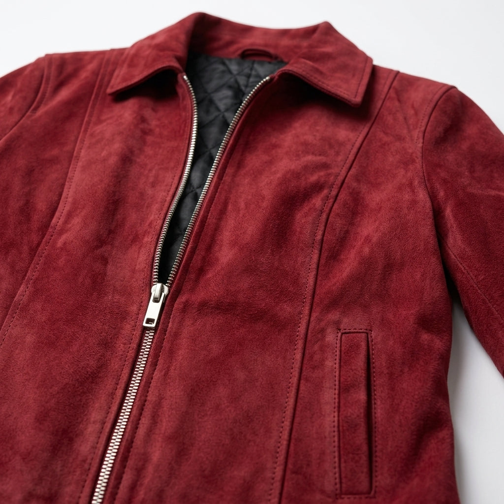 Women's Red Suede Sheepskin Jacket – Zip-Up Coat with Classic Shirt Collar