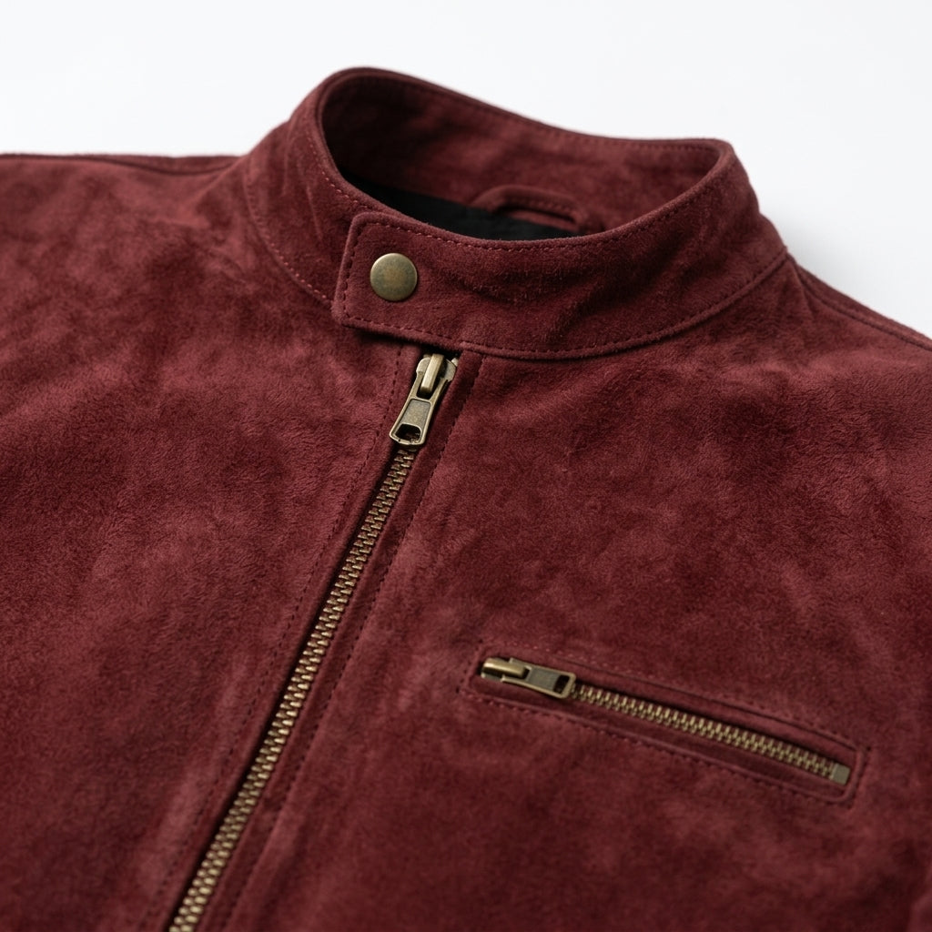 Men's Red Suede Leather Cafe Racer Jacket