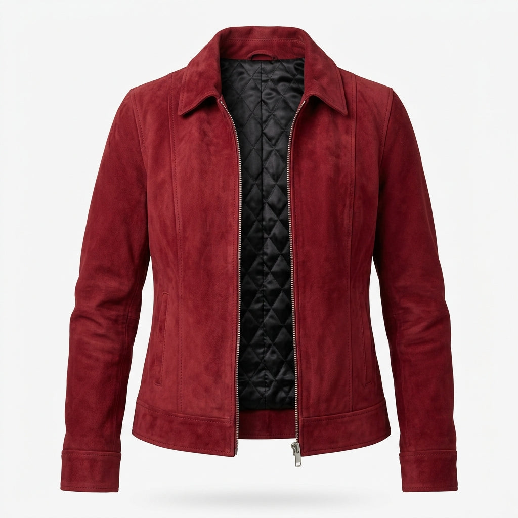 Women's Red Suede Sheepskin Jacket – Zip-Up Coat with Classic Shirt Collar