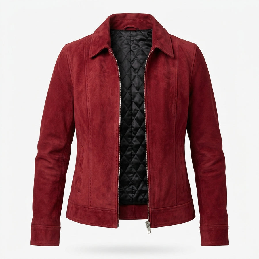 Women's Red Suede Sheepskin Jacket – Zip-Up Coat with Classic Shirt Collar