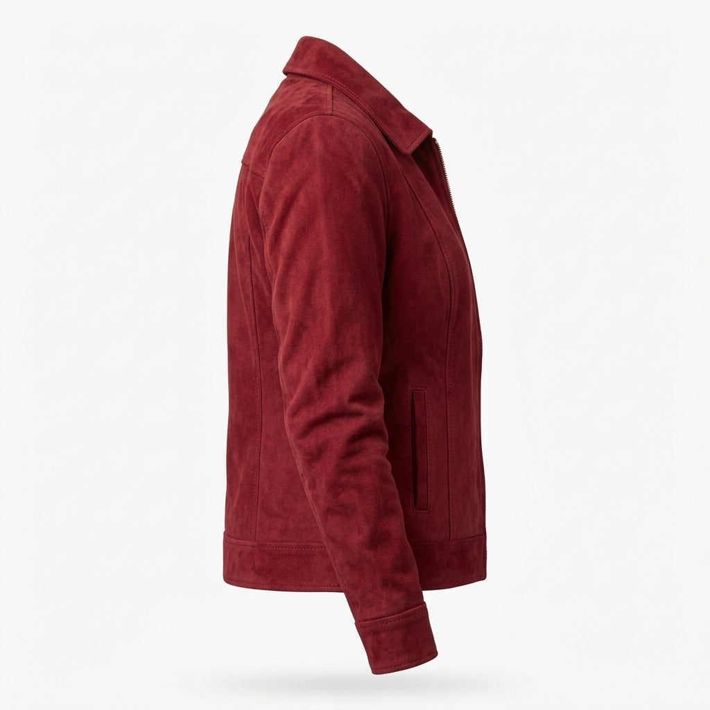 Women's Red Suede Sheepskin Jacket – Zip-Up Coat with Classic Shirt Collar