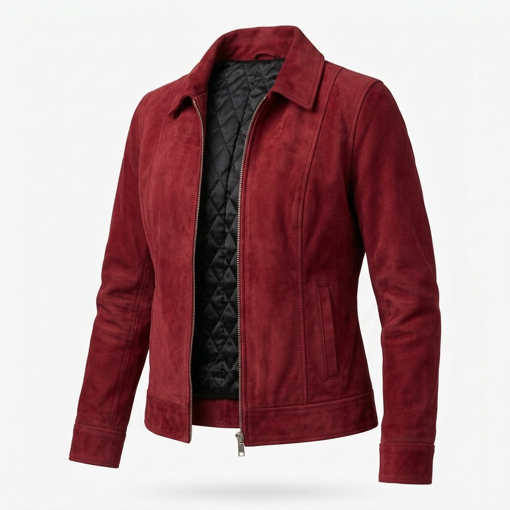 Women's Red Suede Sheepskin Jacket – Zip-Up Coat with Classic Shirt Collar