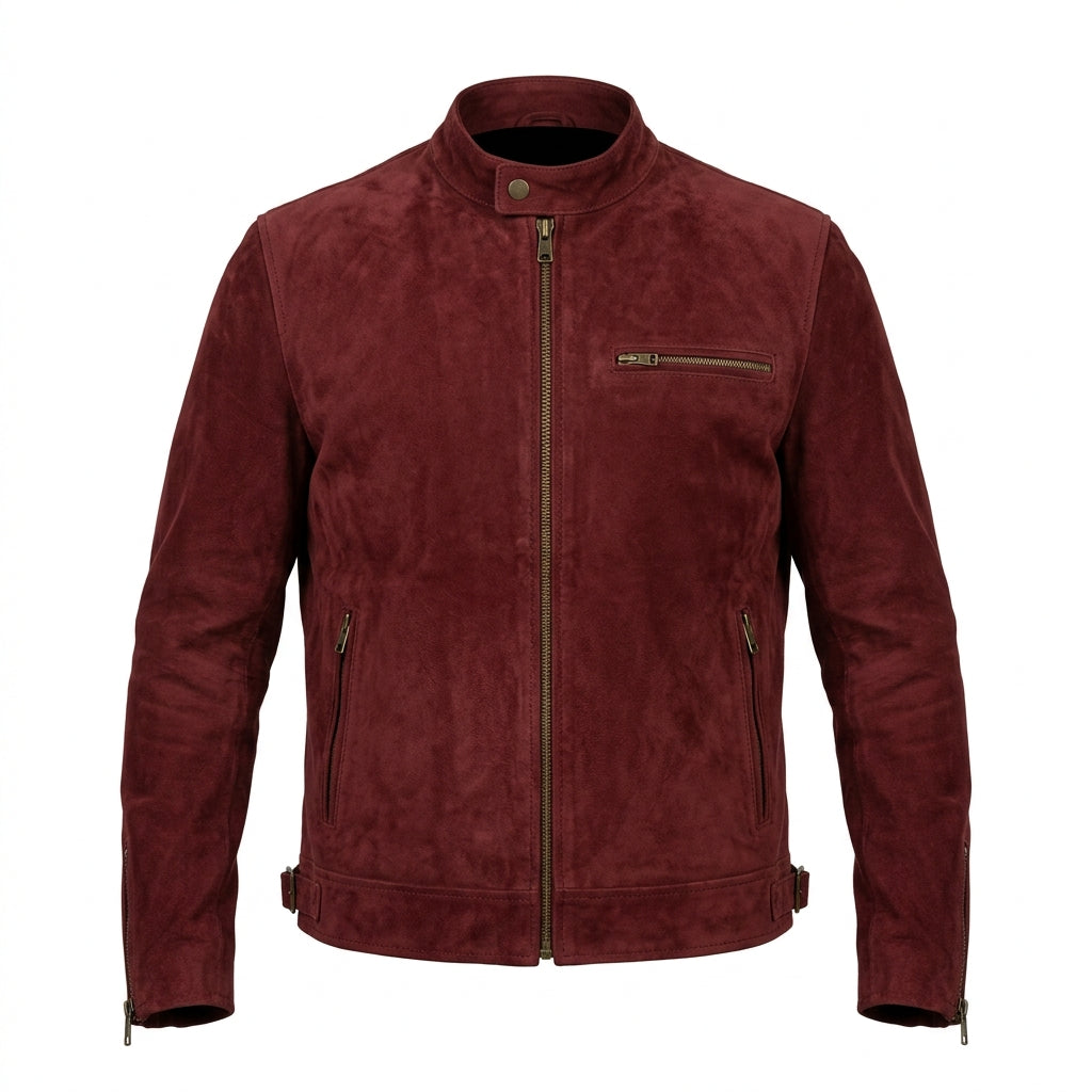 Men's Red Suede Leather Cafe Racer Jacket