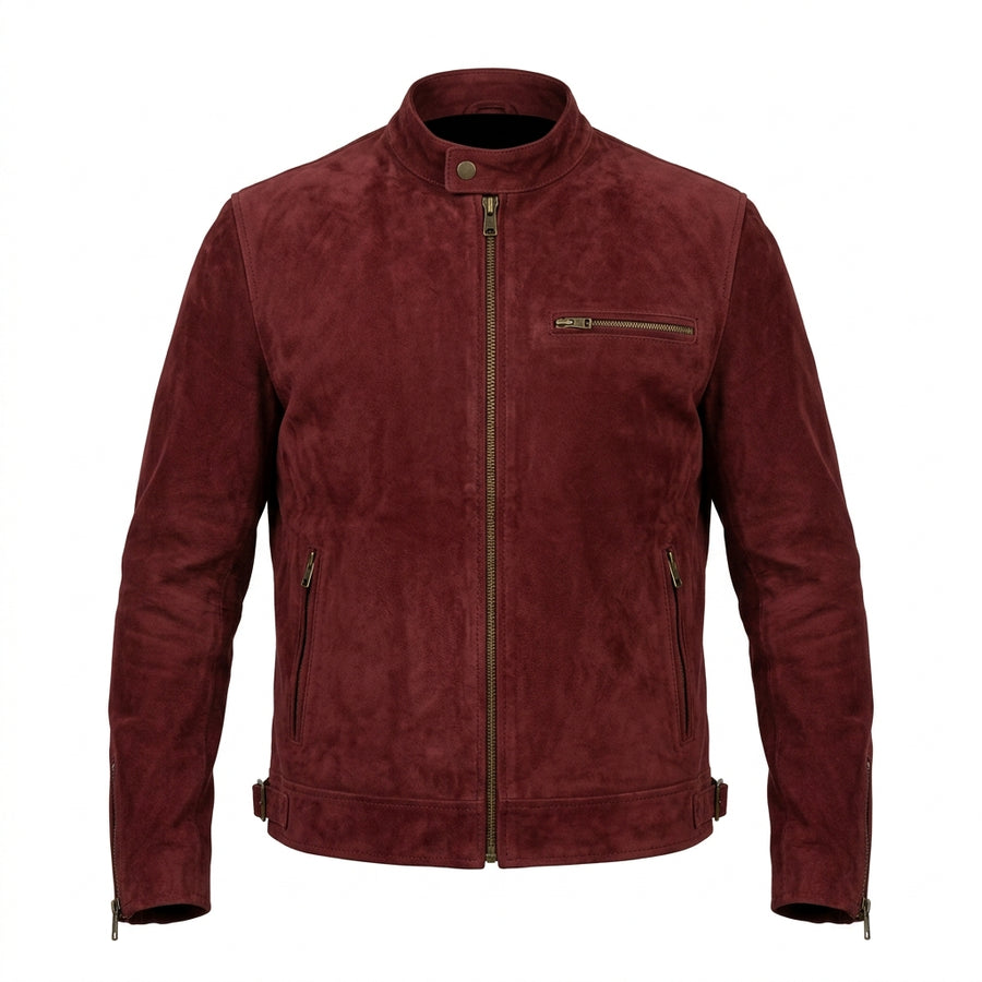 Men's Red Suede Leather Cafe Racer Jacket