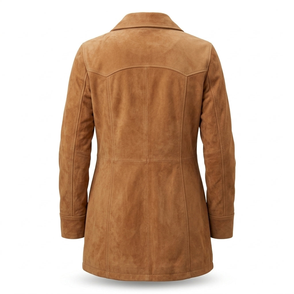 Women's Tan Suede Sheepskin Car Coat – Mid-Length Button-Up Jacket with Collar