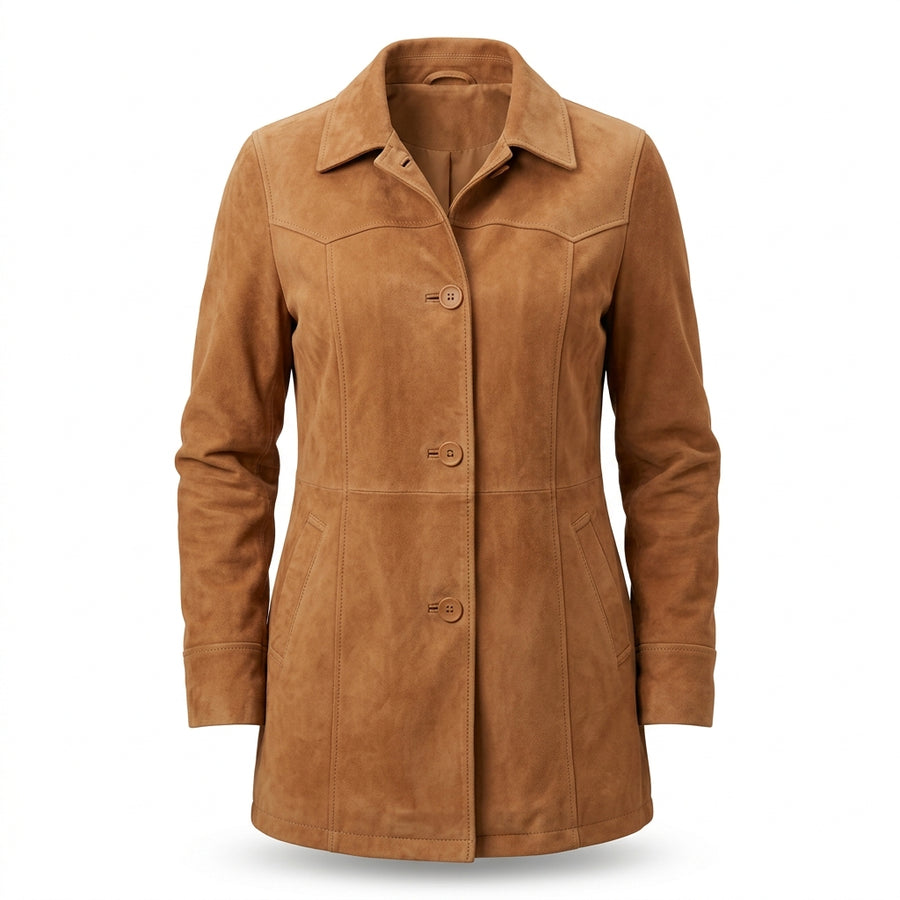 Women's Tan Suede Sheepskin Car Coat – Mid-Length Button-Up Jacket with Collar
