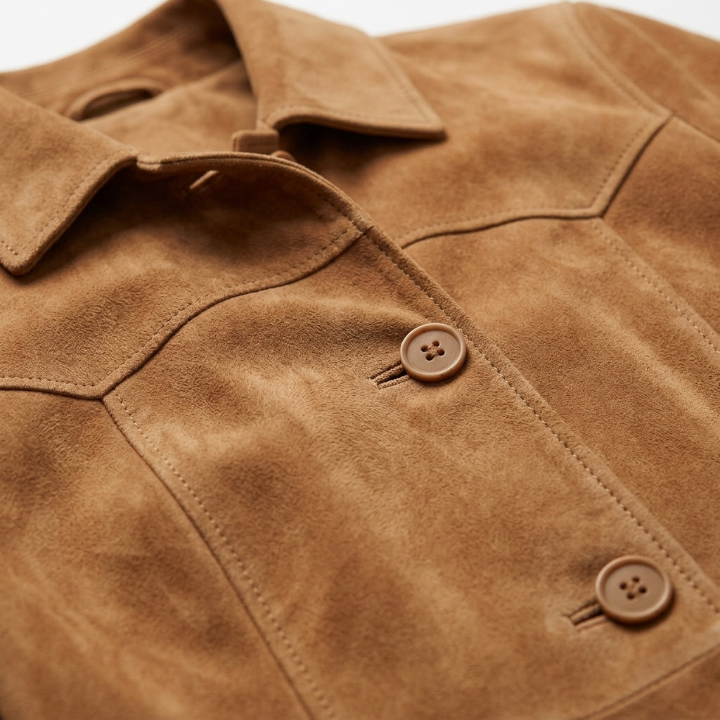 Women's Tan Suede Sheepskin Car Coat – Mid-Length Button-Up Jacket with Collar