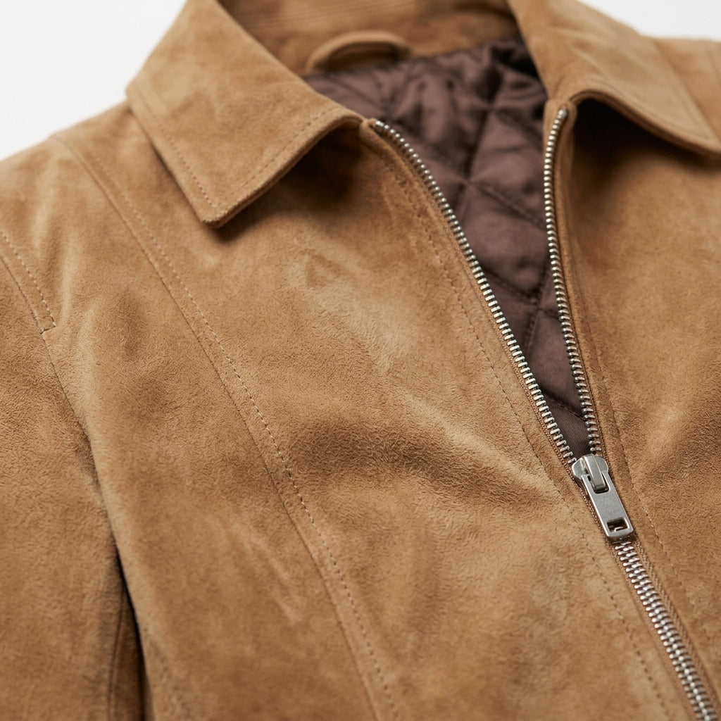 Women's Tan Suede Sheepskin Jacket – Camel Zip-Up Coat with Shirt Collar
