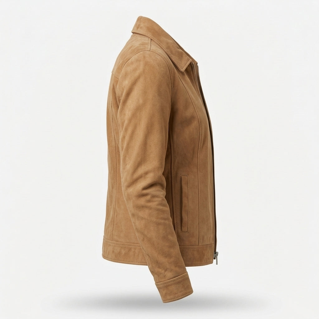 Women's Tan Suede Sheepskin Jacket – Camel Zip-Up Coat with Shirt Collar